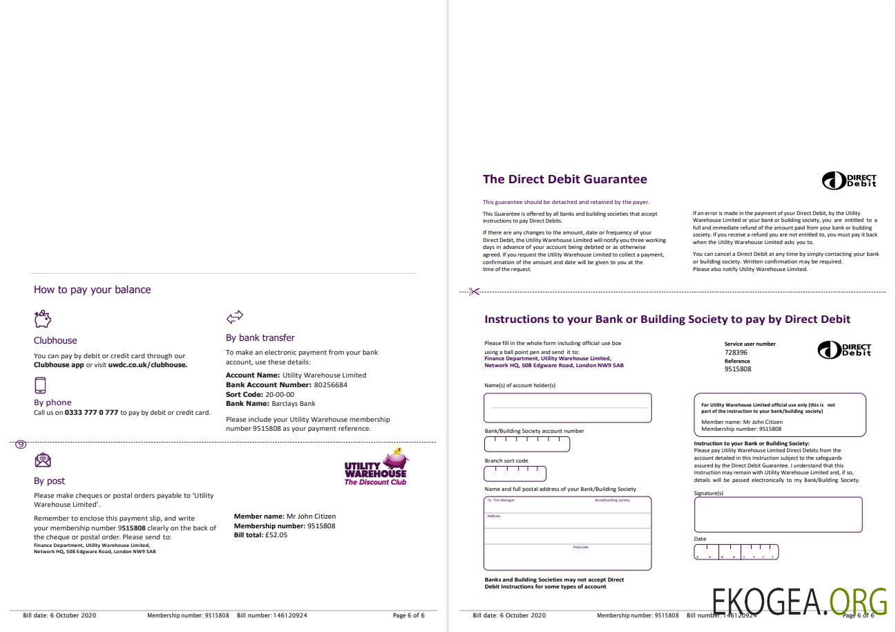 United Kingdom Utility Warehouse electricity utility bill template in Word and PDF format (6 pages) 5 6